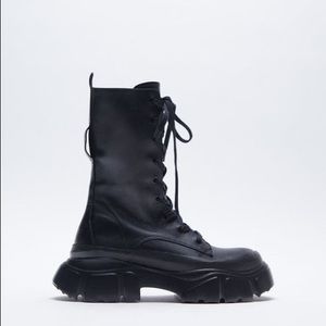 ZARA Low Heel Lug Sole Laced Leather Boots